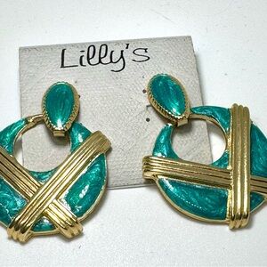 Vintage Lilly’s Green & Gold Enamel Geometric Circle Dangle Earrings